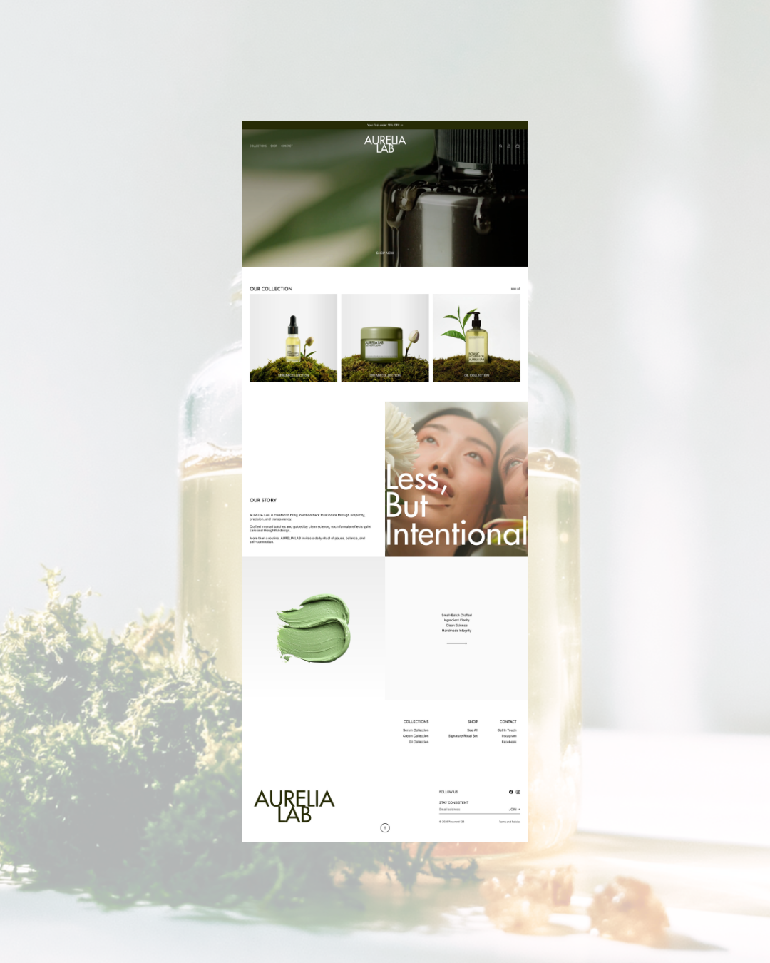 A digital mockup of the Aurelia Lab website homepage displayed over a softly blurred background featuring a glass jar of white cosmetic cream and green botanical elements. The webpage showcases product images, a 'less, but intentional' slogan, and a green cream smear.